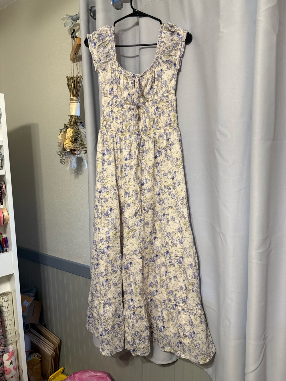 Floral Smocked Maxi Dress in Cream and Blue